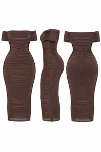Cocoa Off-Shoulder Ruched Midi Dress