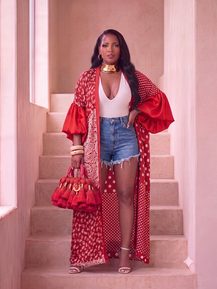 RED PAISLEY & POLKA DOT KIMONO