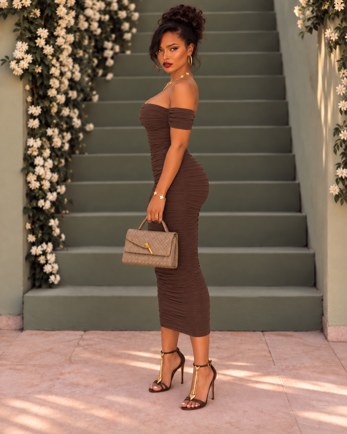 Cocoa Off-Shoulder Ruched Midi Dress