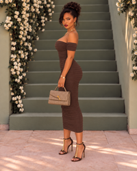 Cocoa Off-Shoulder Ruched Midi Dress