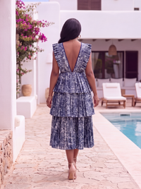 Blue Abstract Print Tiered Ruffle Maxi Dress