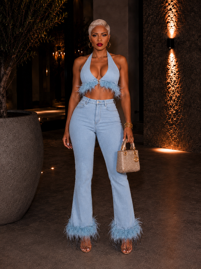 Azura Feather-Trim Denim Set