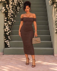 Cocoa Off-Shoulder Ruched Midi Dress