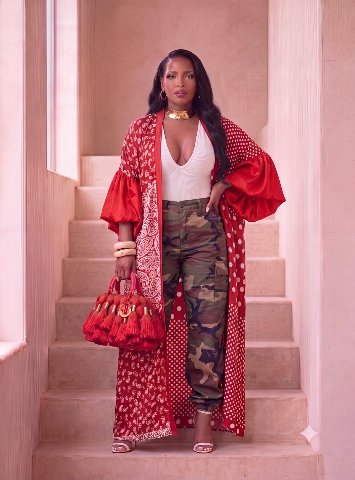 RED PAISLEY & POLKA DOT KIMONO
