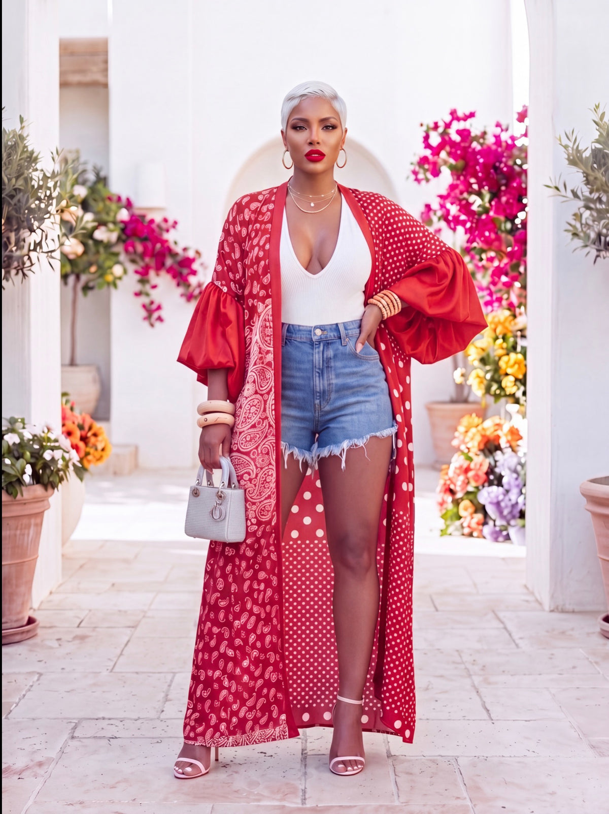 RED PAISLEY & POLKA DOT KIMONO