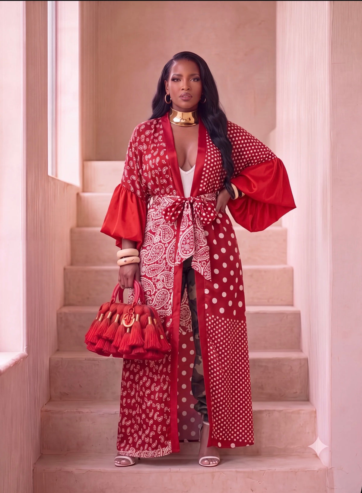 RED PAISLEY & POLKA DOT KIMONO