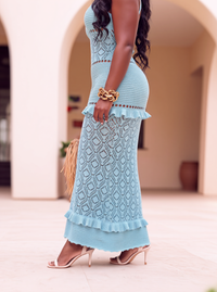 Sky Blue Diamond Knit Crochet Maxi Two-Piece Set