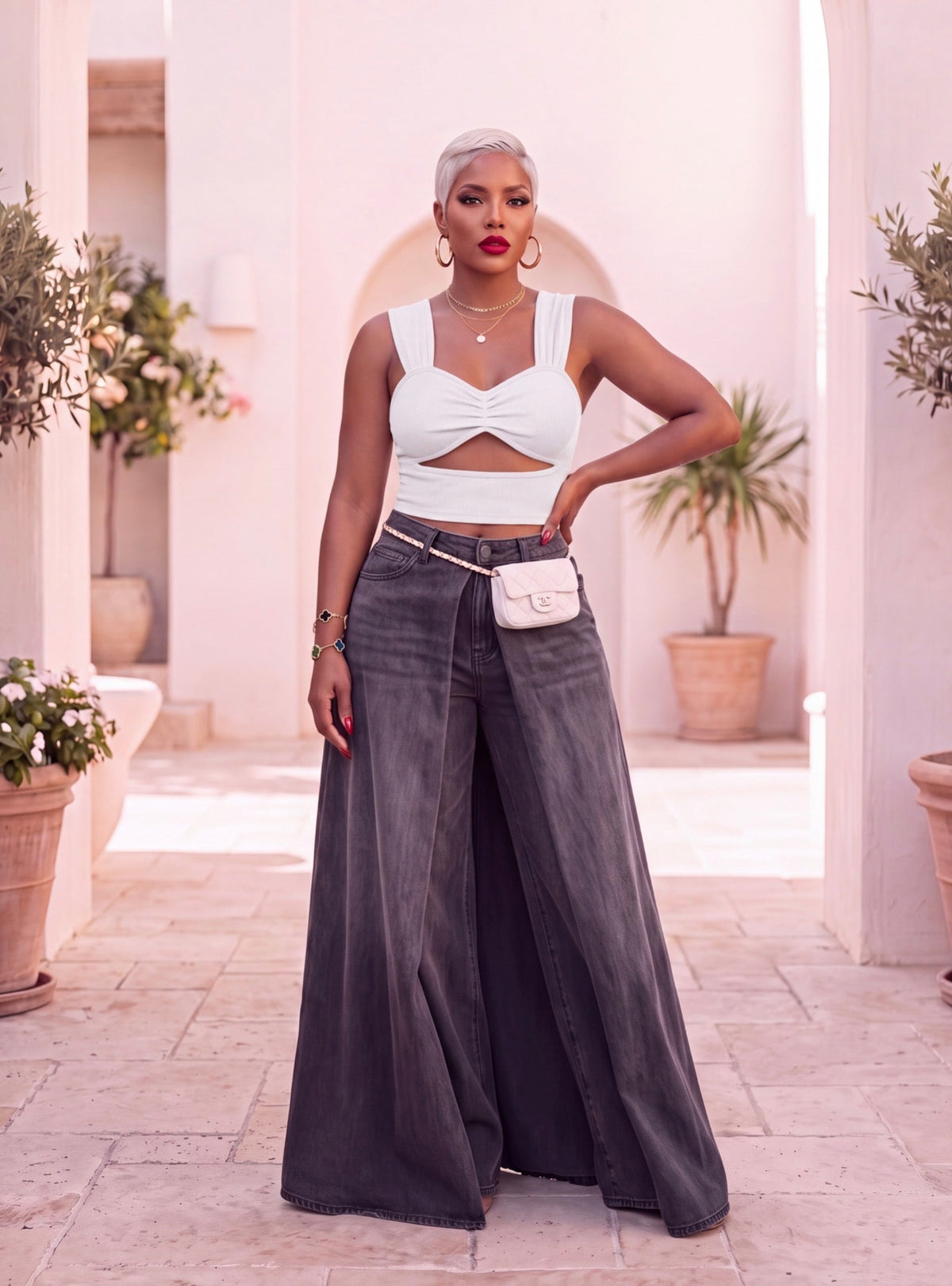 Ash Black Drape Wide Leg Denim Pants