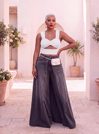 Ash Black Drape Wide Leg Denim Pants
