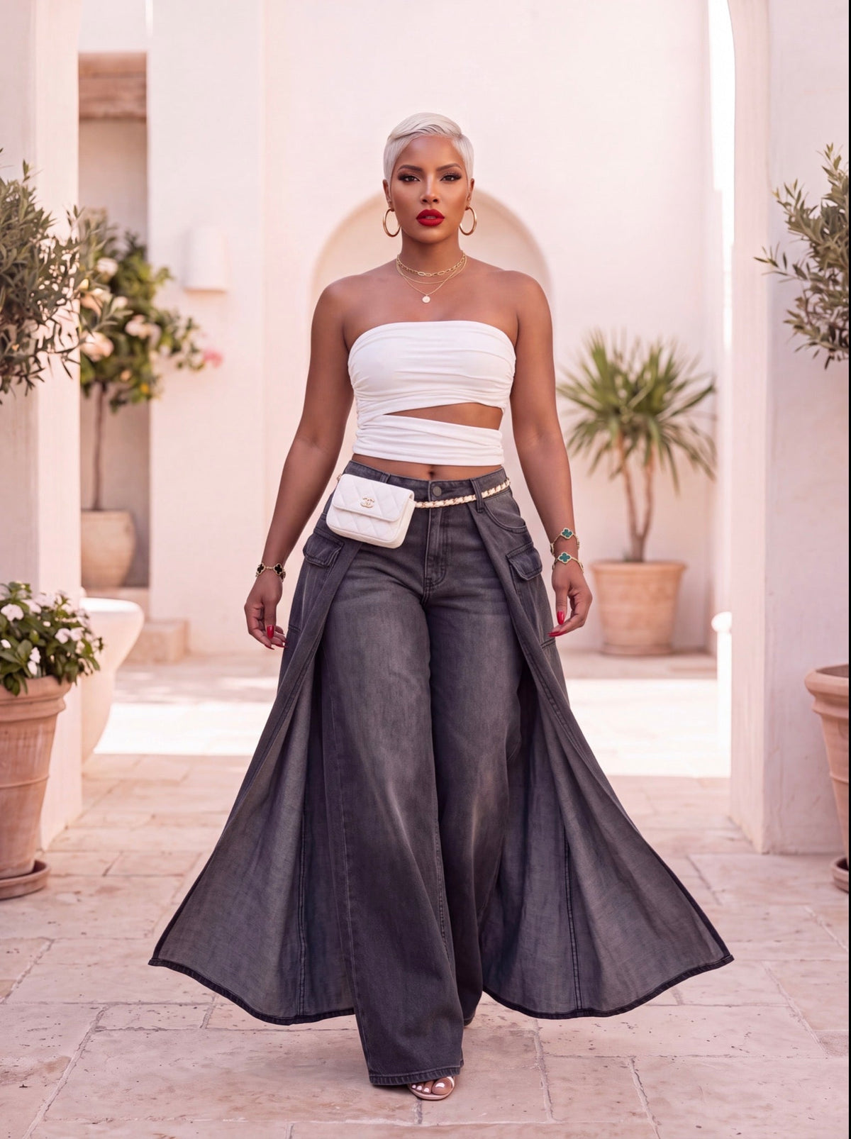 Ash Black Drape Wide Leg Denim Pants