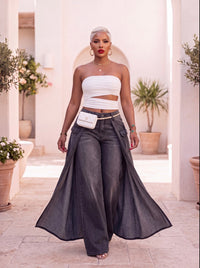 Ash Black Drape Wide Leg Denim Pants