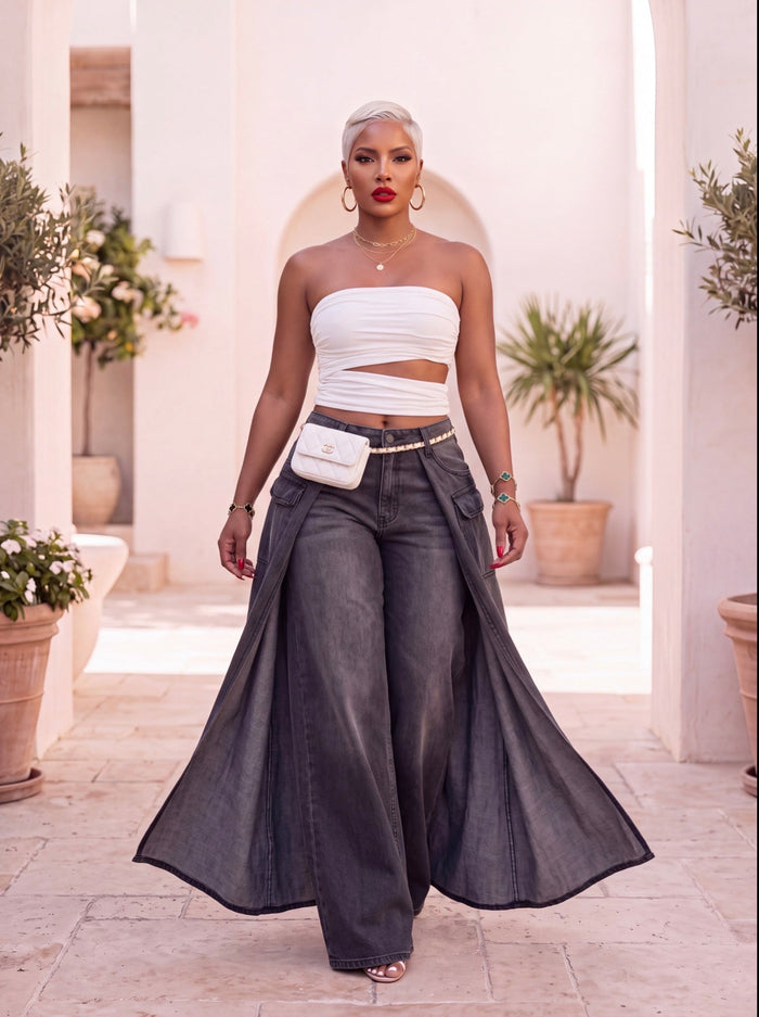 Ash Black Drape Wide Leg Denim Pants
