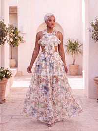 Floral Chiffon Ruffle Cutout Halter Maxi Dress