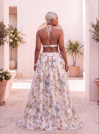 Floral Chiffon Ruffle Cutout Halter Maxi Dress