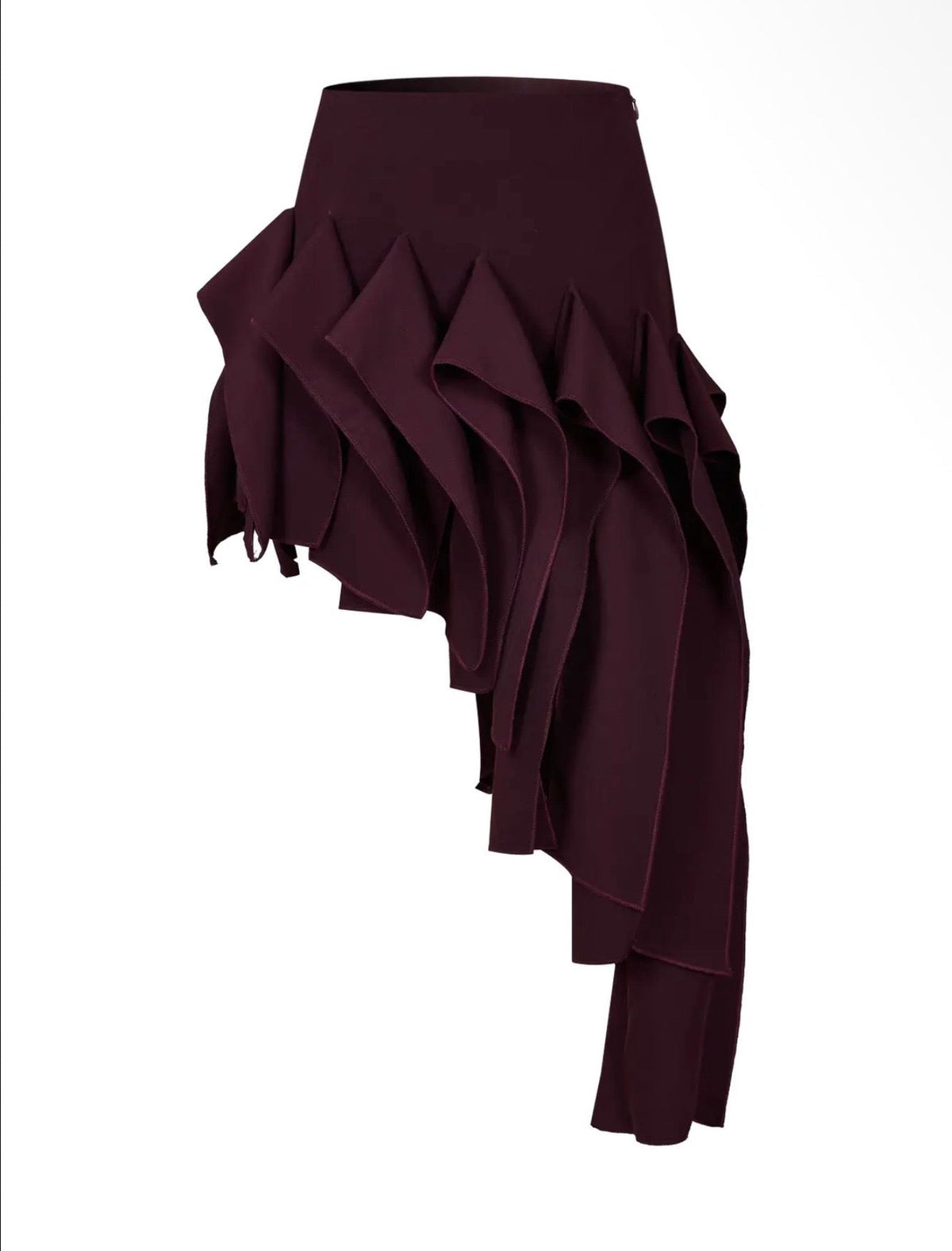 Chaos Ruffle Skirt – Asymmetric Burgundy Mini