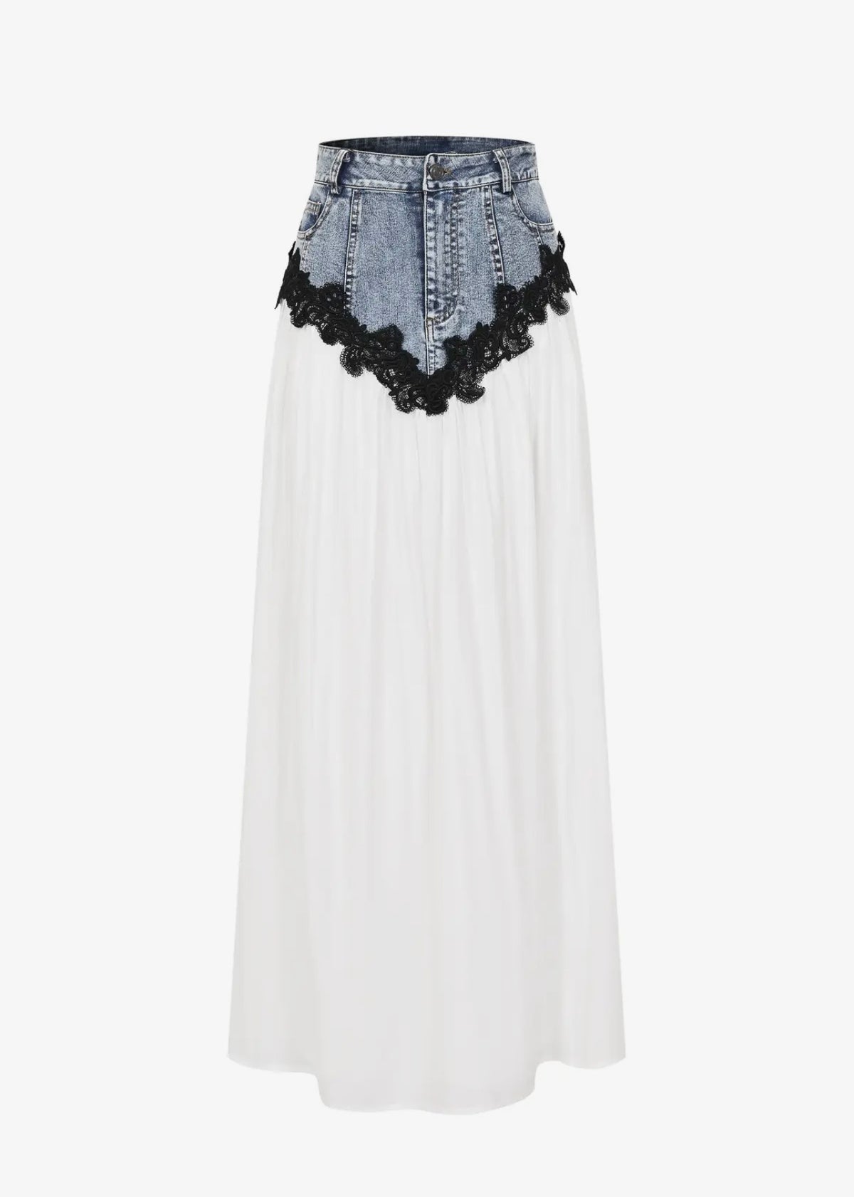 DENIM & LACE CONTRAST MAXI SKIRT
