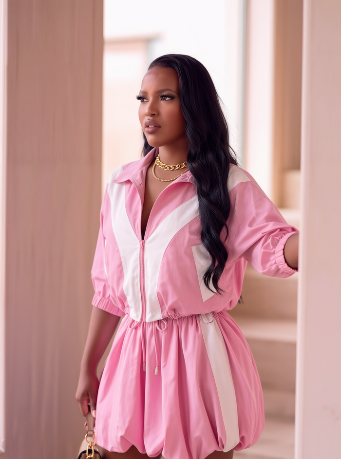 TRACK STAR WINDBREAKER & BUBBLE SKIRT SET (PINK)