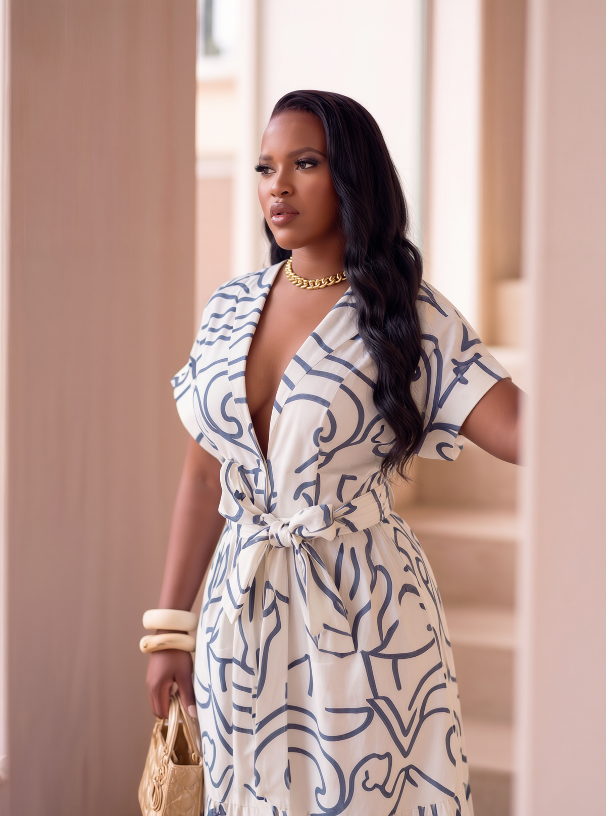 PRINTED MAXI KIMONO DRESS | APRICOT/BLUE