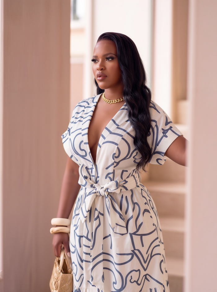 PRINTED MAXI KIMONO DRESS | APRICOT/BLUE