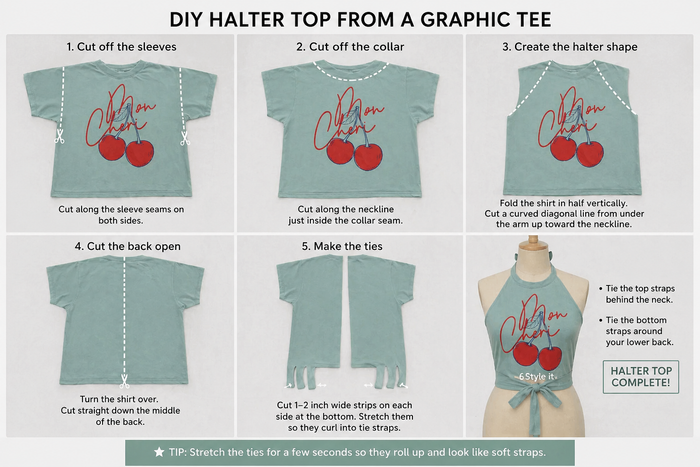 MON CHERI CHERRY GRAPHIC TEE STYLED AS A HALTER TOP, SAGE GREEN VINTAGE WASH.